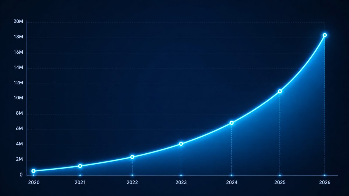 91浏览器用户增长数据图表,展示2020-2026年注册用户从50万增长至1800万的趋势